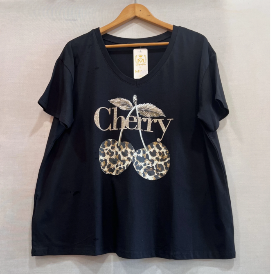 V-hals T-shirt cherry -zwart