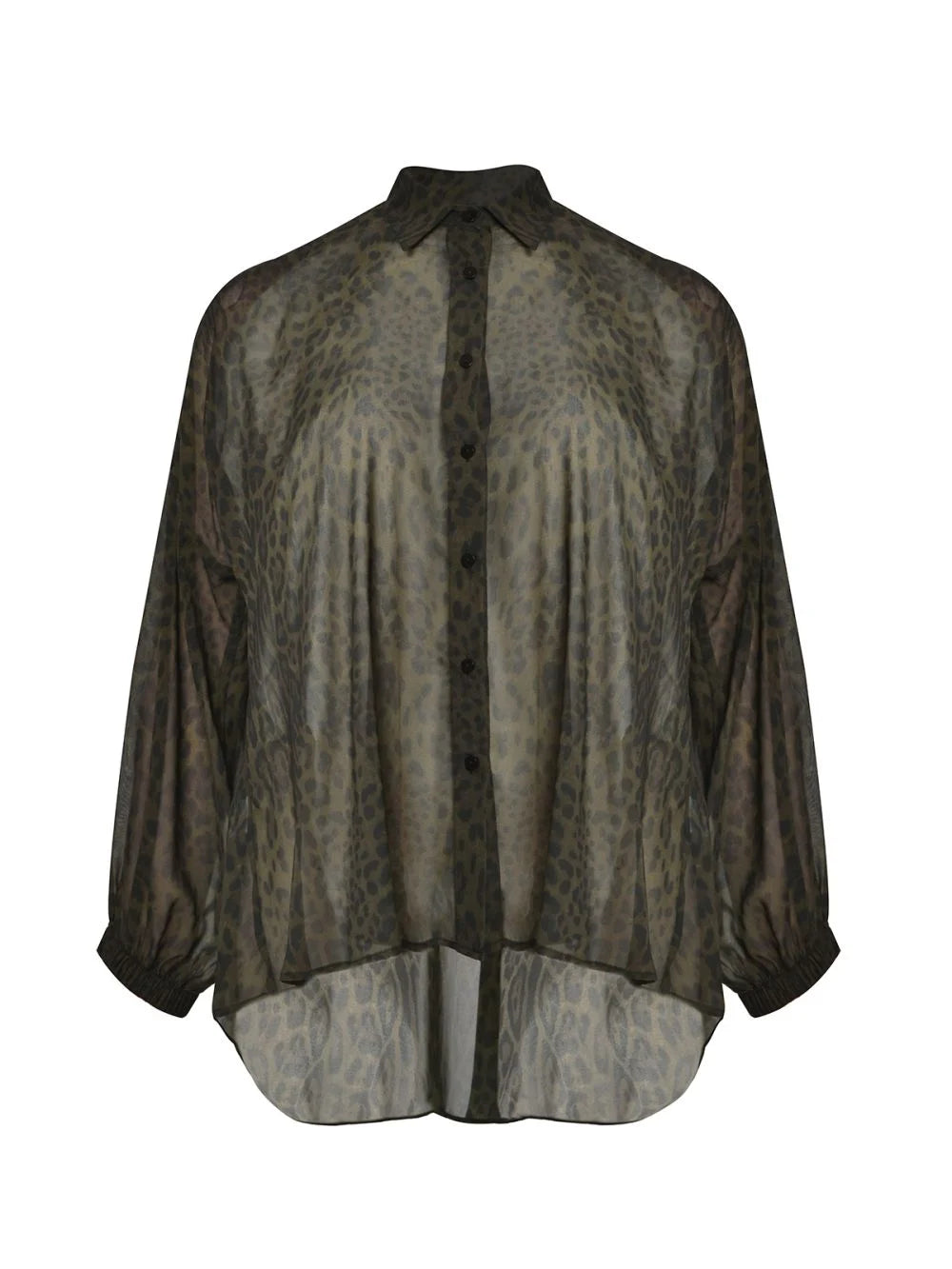 Hemd met print van Mat Fashion: een transparante, losvallende panterprint blouse met donkergroene en zwarte animalprint, lange mouwen met manchetten en een high-low zoom voor een stijlvolle uitstraling.