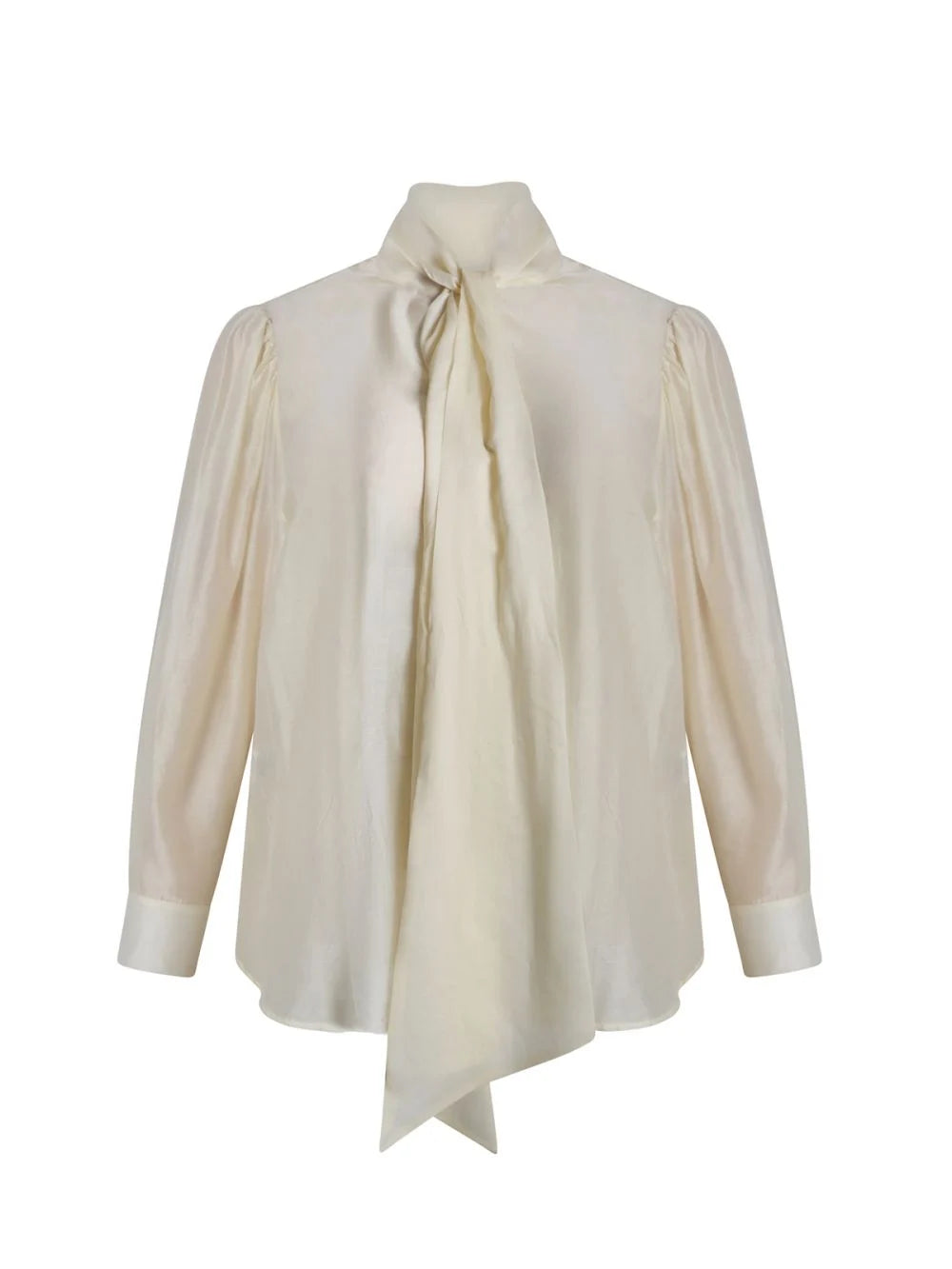 Deze crème hemd van Mat Fashion heeft een parelmoerkleurige, glanzende afwerking met lange mouwen, opvallende oversized strik en brede manchetten.