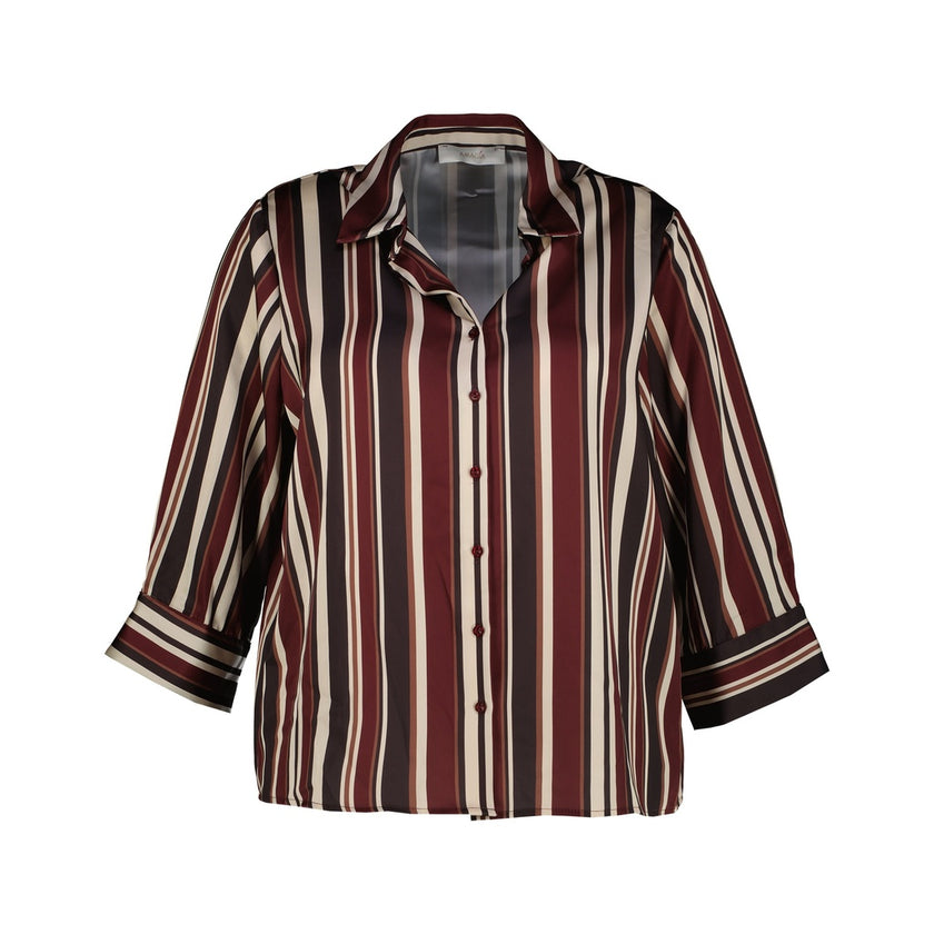 De Epicea hemd - Navy is een knoopblouse met lange mouwen, een kraag en mouwen met manchetten. Het heeft verticale strepen in navy, zwart en beige op lichtgewicht, licht glanzende stof.