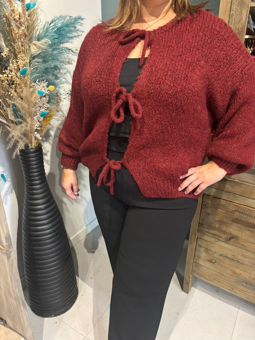 Een vrouw staat binnen bij een hoge zwarte vaas met gedroogde bloemen en draagt het vest - Zwart - Bordeaux, met een grof kastanjebruin breisel met drie banden aan de voorkant over een zwarte top en broek voor een vrouwelijke uitstraling.