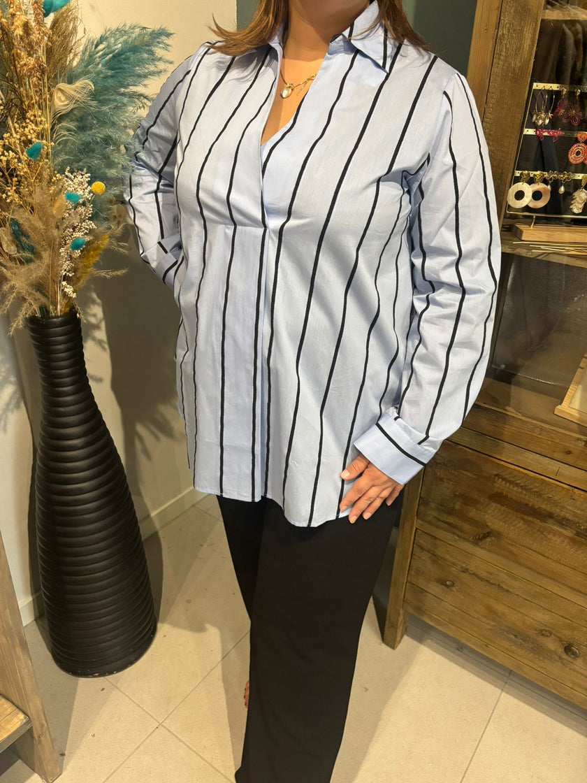 Een vrouw staat binnen in een Hemd - Lichtblauw - zwarte strepen, gecombineerd met een zwarte broek. Haar linkerhand rust op haar heup. Achter haar staan een hoge zwarte vaas met gedroogde bloemen en een houten kast, die damesmode oproepen.